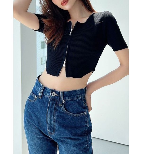 RESEXXY「ジップデザインクロップドニットトップス」|ニット・セーター|ブラック