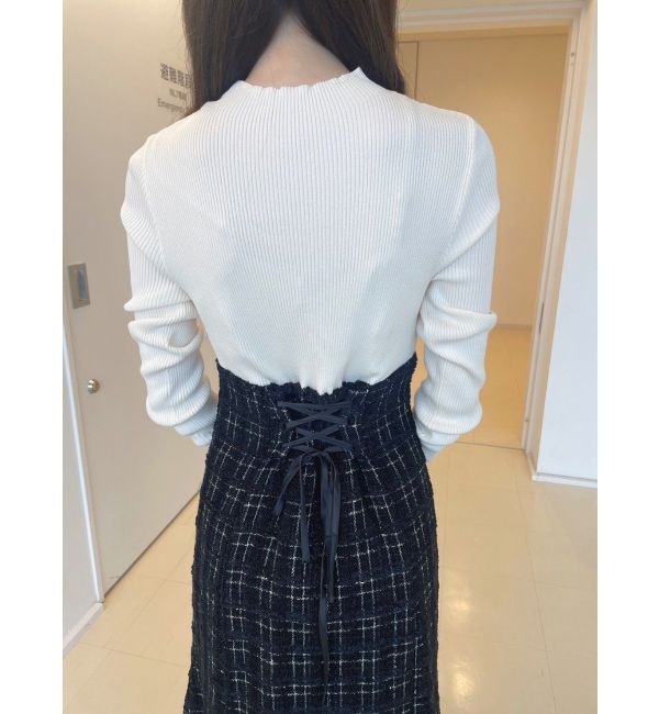 MERCURYDUO「異素材ドッキングバックレースアップニットワンピース」|ワンピース|