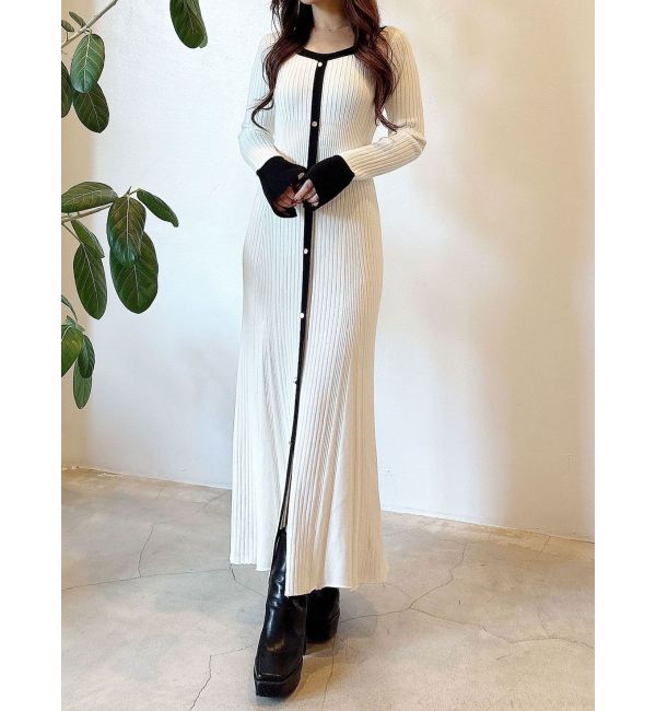 MERCURYDUO「バイカラーフレアスリーブニットワンピース」|ワンピース|オフホワイト