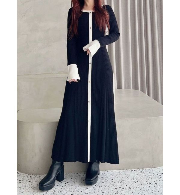 MERCURYDUO「バイカラーフレアスリーブニットワンピース」|ワンピース|ブラック