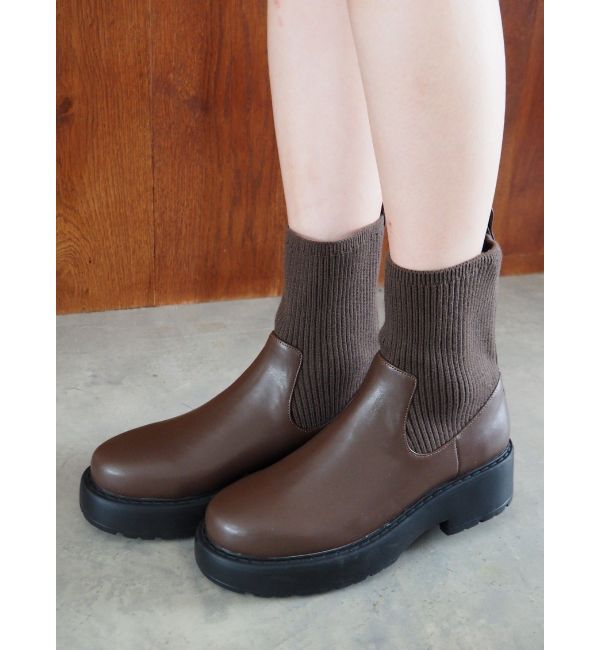 EVRIS「リブソックスミドルブーツ」|ショートブーツ|ブラウン