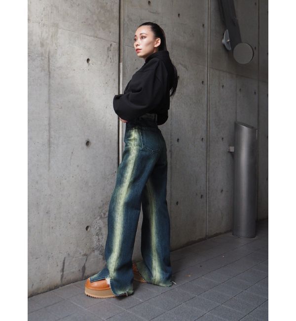 EVRIS「バイカラーワイドフレアデニムパンツ」|デニム|