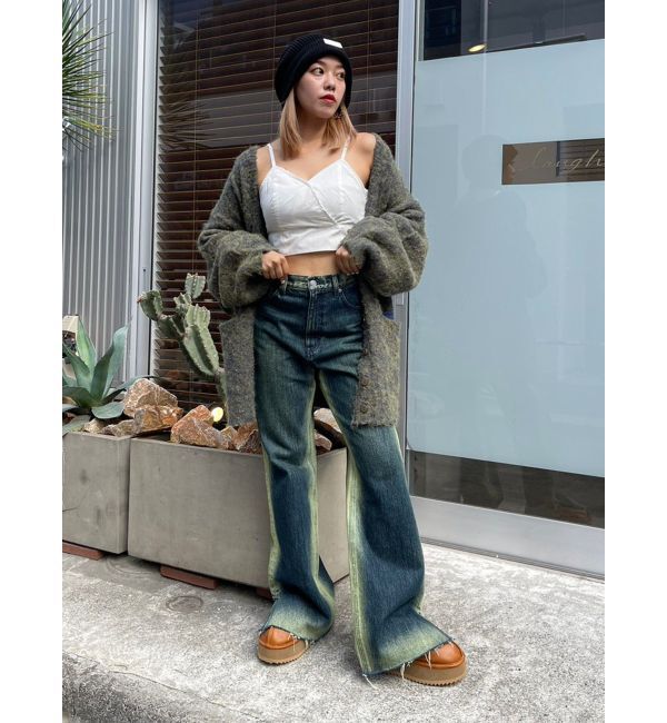 EVRIS「バイカラーワイドフレアデニムパンツ」|デニム|