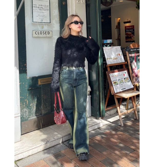 EVRIS「バイカラーワイドフレアデニムパンツ」|デニム|