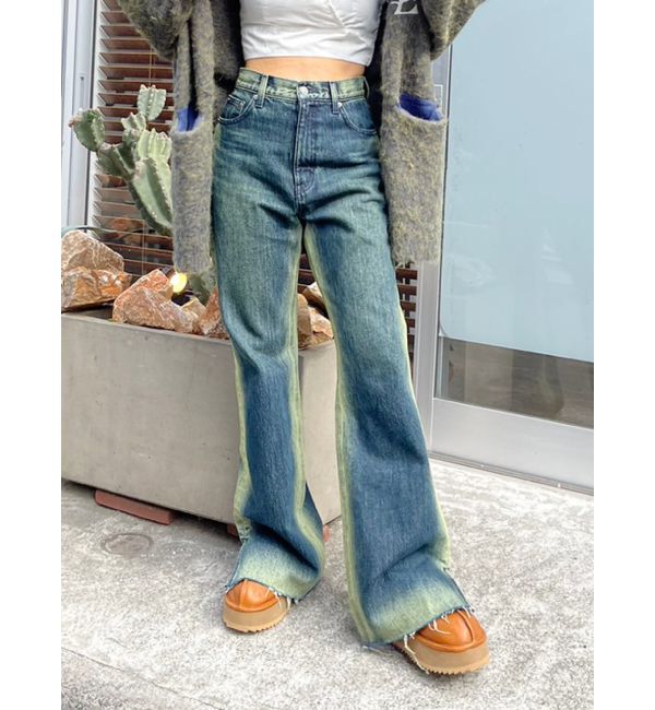 EVRIS「バイカラーワイドフレアデニムパンツ」|デニム|イエロー