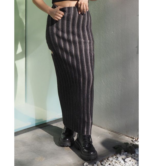 EVRIS「サイドスラッシュリブニットロングスカート」|スカート|ブラック