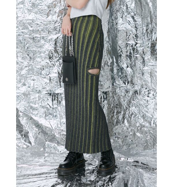 EVRIS「サイドスラッシュリブニットロングスカート」|スカート|ネイビー