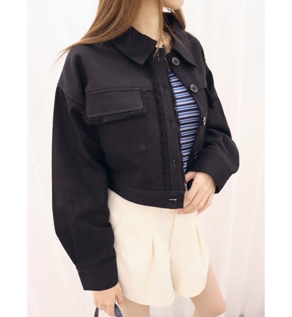 EVRIS「フリンジツイルショートジャケット」|その他|ブラック