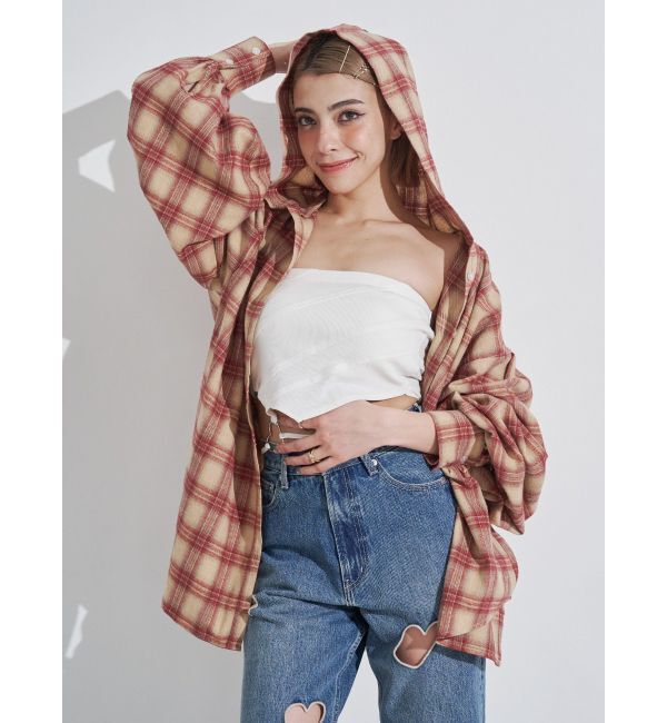 EVRIS「フーディーチェックオーバーサイズシャツ【セットアップ着用可能】」|シャツ・ブラウス|レッド