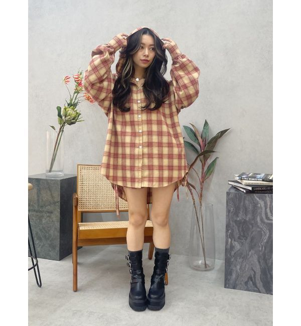 EVRIS「フーディーチェックオーバーサイズシャツ【セットアップ着用可能】」|シャツ・ブラウス|