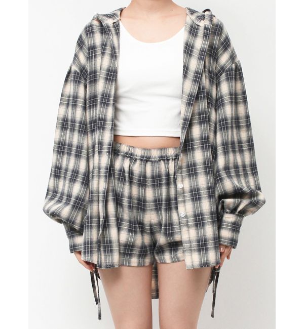 EVRIS「フーディーチェックオーバーサイズシャツ【セットアップ着用可能】」|シャツ・ブラウス|