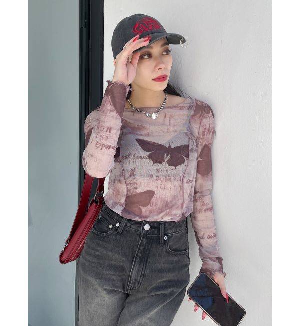 EVRIS「バタフライシアートップス」|Tシャツ・カットソー|ブラウン