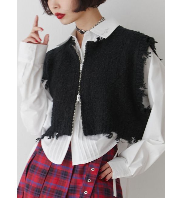 jouetie「ダメージヘム2WAYZIPベスト」|ニット・セーター|ブラック