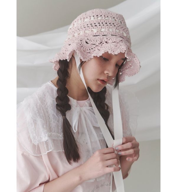 merry jenny「透かし編みフリルハット」|ハット|ピンク
