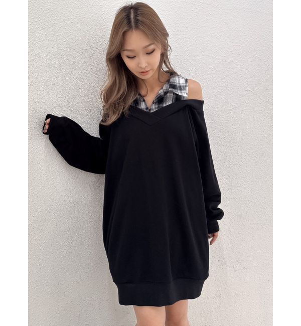 GYDA「CHECK シャツ ドッキング オフショル ワンピース」|ワンピース|