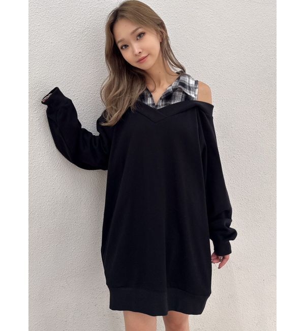 GYDA「CHECK シャツ ドッキング オフショル ワンピース」|ワンピース|ブラック