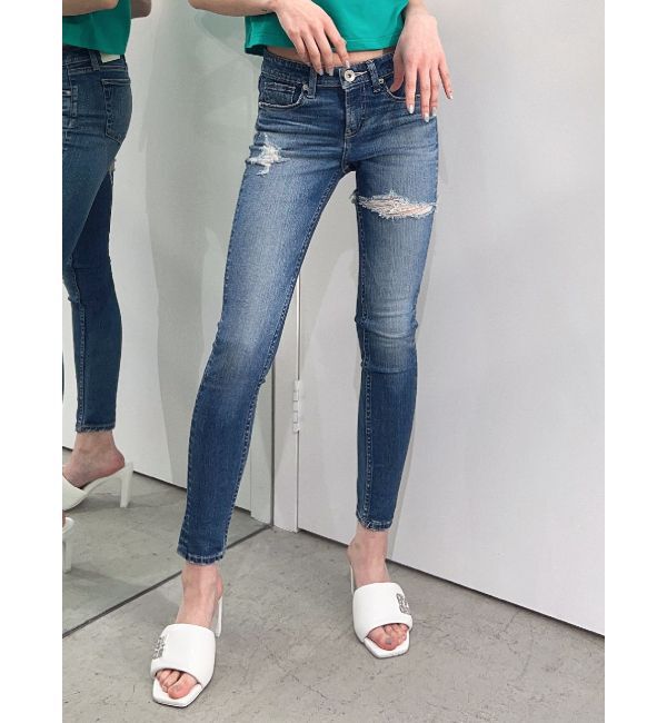 GYDA「ジャストウエスト side connected rippedスキニーデニムパンツ」|デニム|ブルー