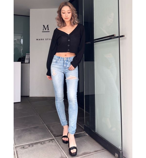 GYDA「ジャストウエスト side connected rippedスキニーデニムパンツ」|デニム|