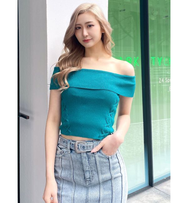 GYDA「サイドレースアップオフショルニットトップス」|ニット・セーター|グリーン