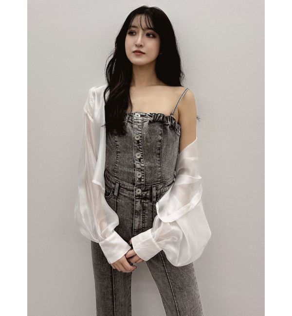 GYDA「ケミカルBACKリボンデニムロンパース」|オールインワン|