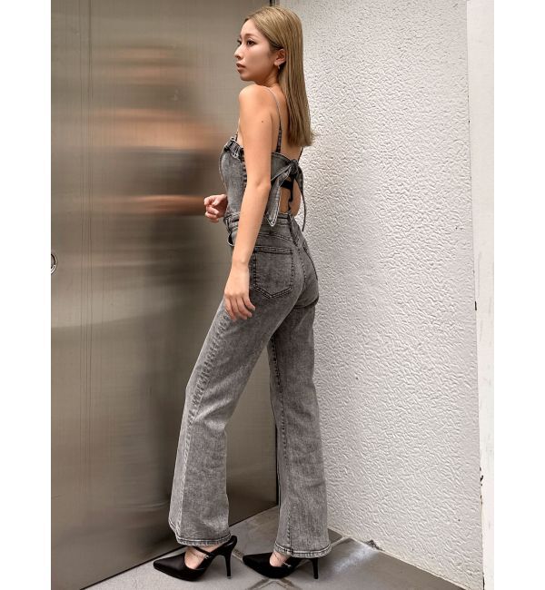 GYDA「ケミカルBACKリボンデニムロンパース」|オールインワン|