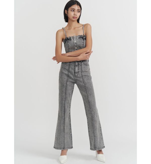 GYDA「ケミカルBACKリボンデニムロンパース」|オールインワン|