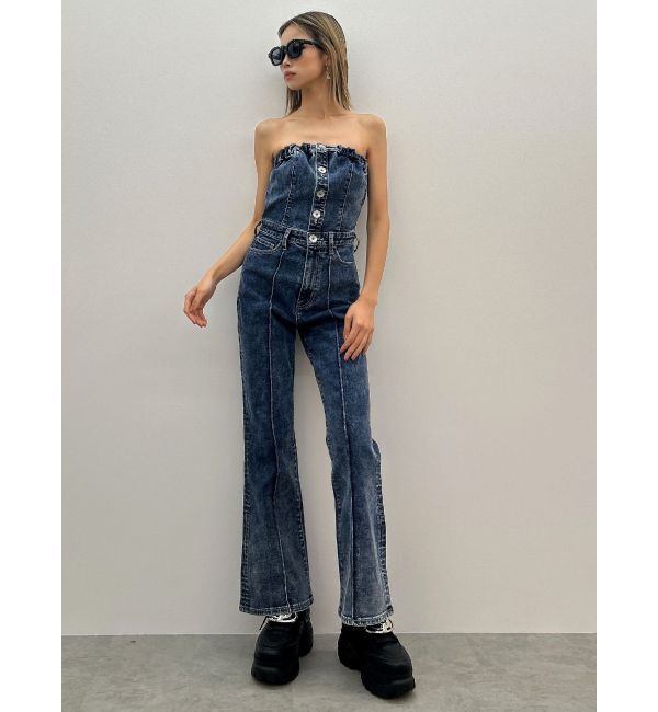 GYDA「ケミカルBACKリボンデニムロンパース」|オールインワン|