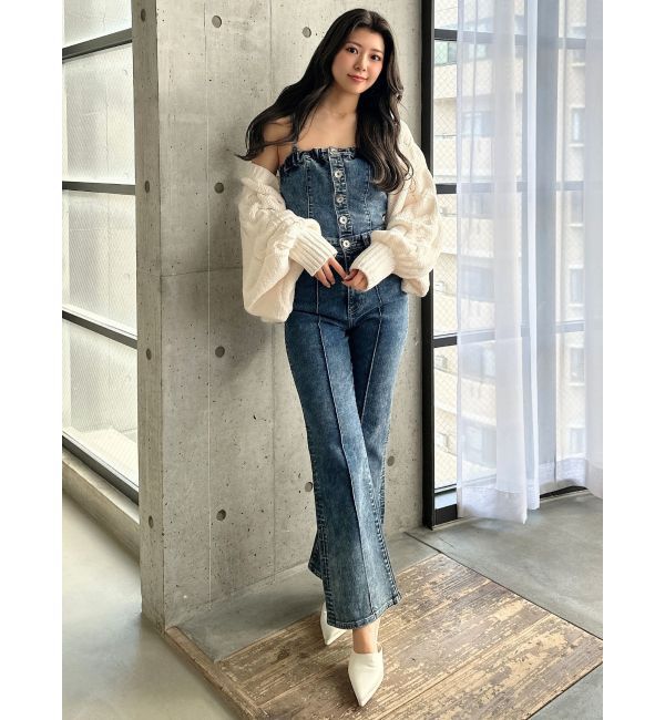 GYDA「ケミカルBACKリボンデニムロンパース」|オールインワン|