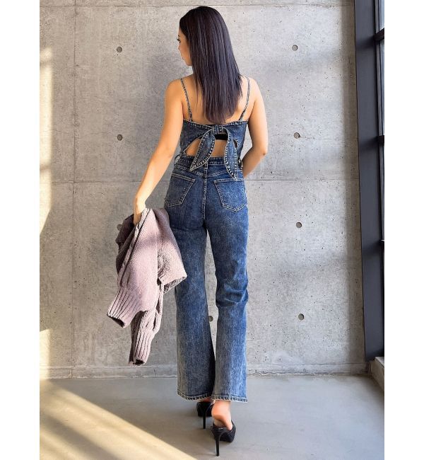 GYDA「ケミカルBACKリボンデニムロンパース」|オールインワン|