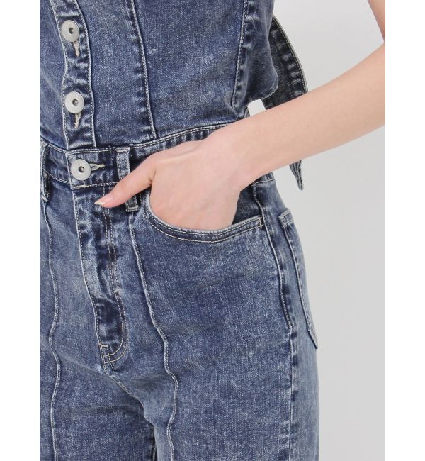 GYDA「ケミカルBACKリボンデニムロンパース」|オールインワン|