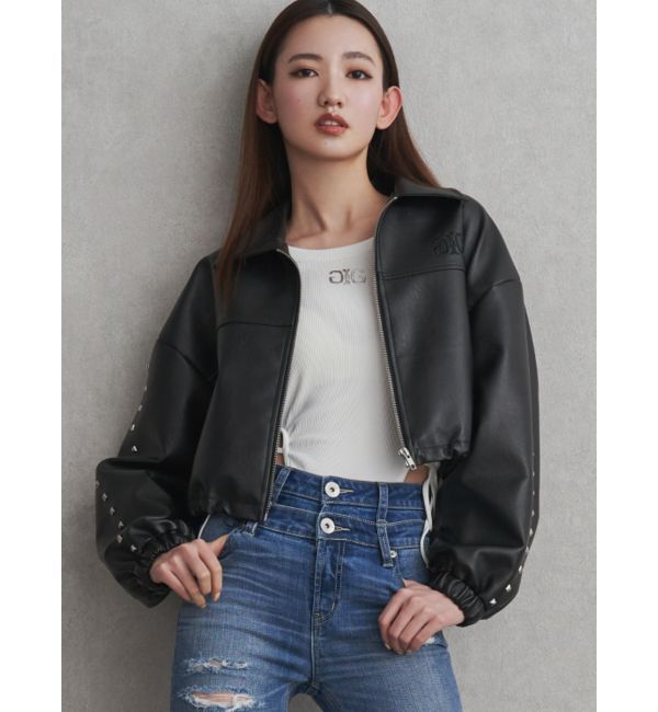 GYDA「Sleeve Studs フェイクレザージャケット」|ライダースジャケット|