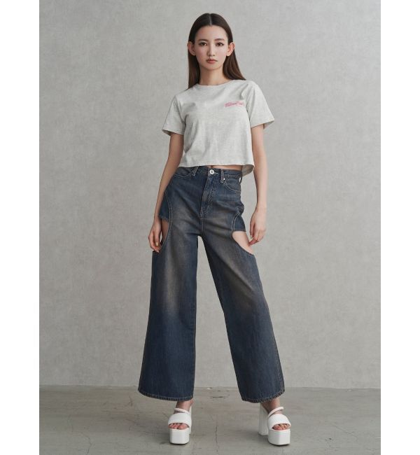 GYDA「ハイウエストサイドオープンデニムワイドパンツ」|デニム|