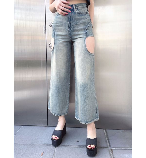 GYDA「ハイウエストサイドオープンデニムワイドパンツ」|デニム|アイスブルー