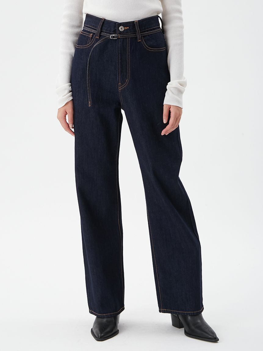 Mila Owen「細ベルト付きストレートデニムパンツ」|デニム|