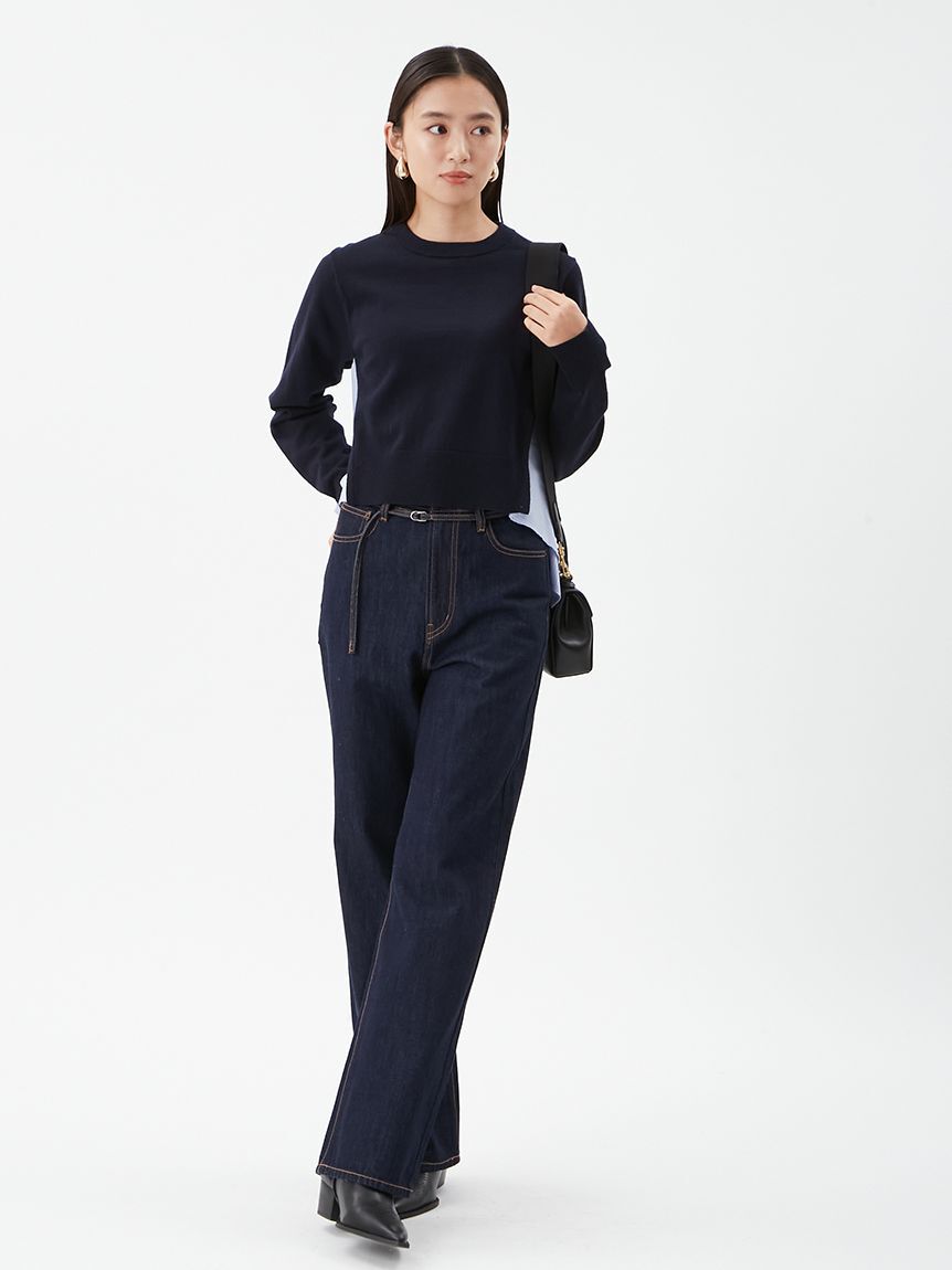 Mila Owen「細ベルト付きストレートデニムパンツ」|デニム|