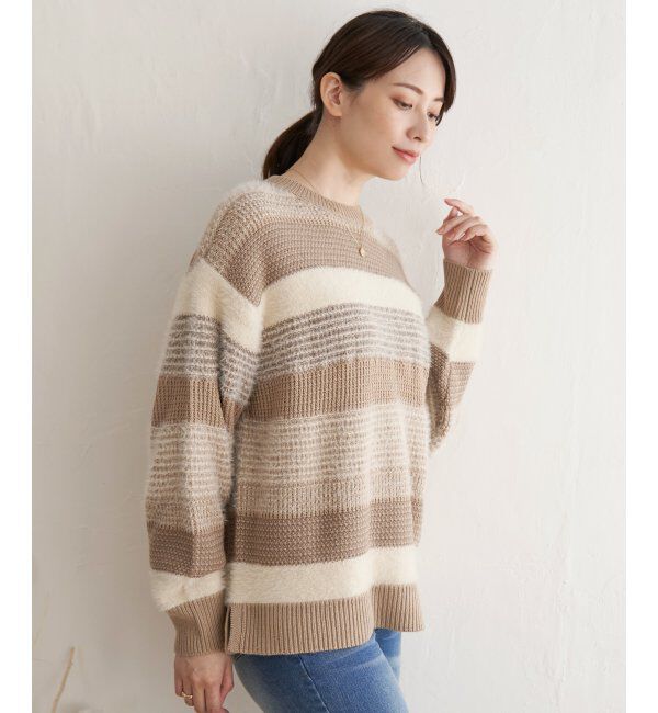 ikka「フェザー切り替えボーダーニットプルオーバー」|プルオーバー|ベージュ