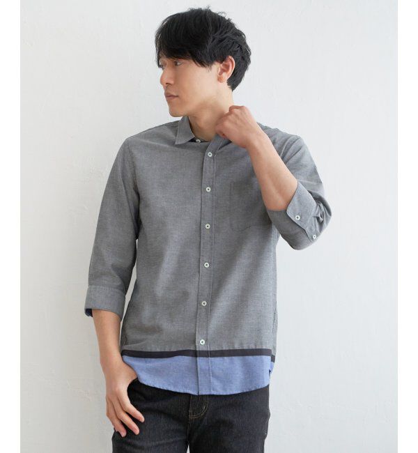 ikka「7分袖オックス裾切り替えシャツ」|シャツ・ブラウス|グレイ