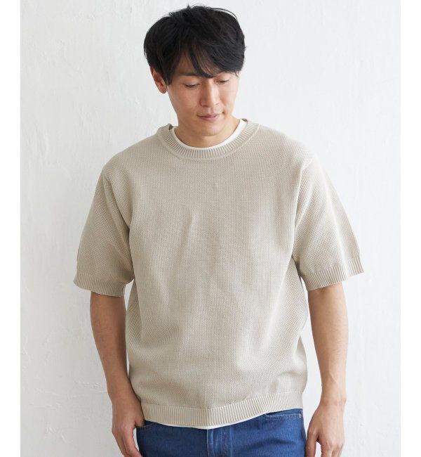 ikka「【洗濯機で洗える／2点セット】GOKU楽ニット5分袖インナーセット」|プルオーバー|ベージュ