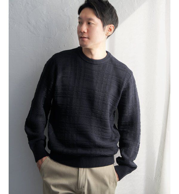 ikka「ジャカードチェックニット」|プルオーバー|ネイビーブルー