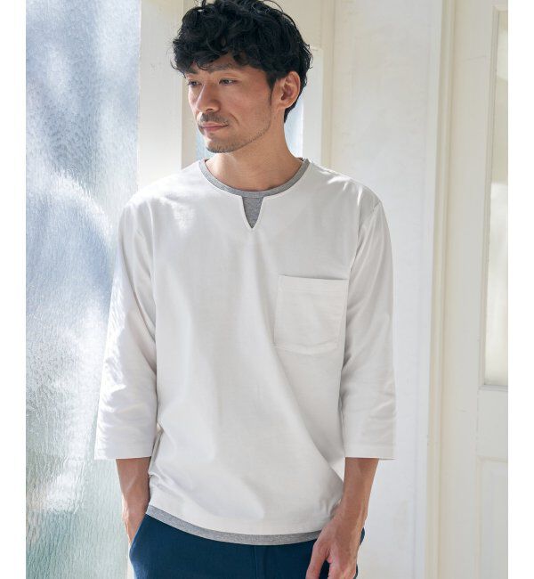 ikka「【接触冷感／抗菌防臭】GOKU楽セイケツ7分袖キーネックTシャツ」|Tシャツ・カットソー|ホワイト