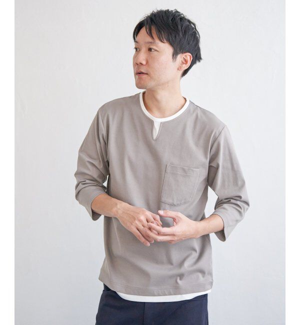 ikka「【接触冷感／抗菌防臭】GOKU楽セイケツ7分袖キーネックTシャツ」|Tシャツ・カットソー|グレー