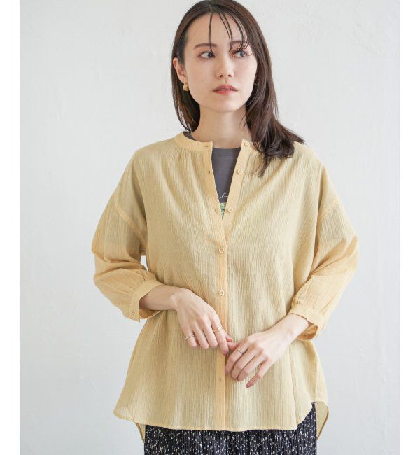 ikka「コットン楊柳バンドカラーシャツ」|シャツ・ブラウス|イエロー