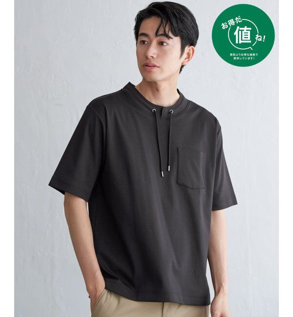 ikka「冷感ルーイカラー5分袖ポケT」|Tシャツ・カットソー|チャコール