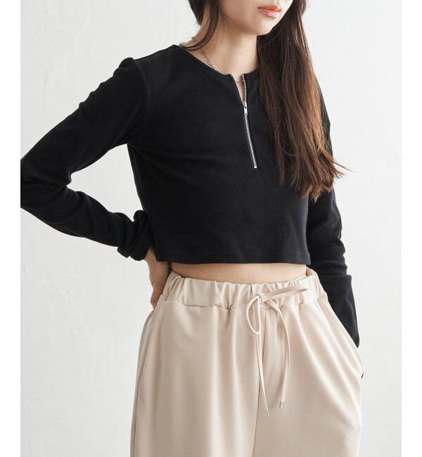 VENCE share style「テレコハーフジップクロップドプルオーバー」|Tシャツ・カットソー|ブラック