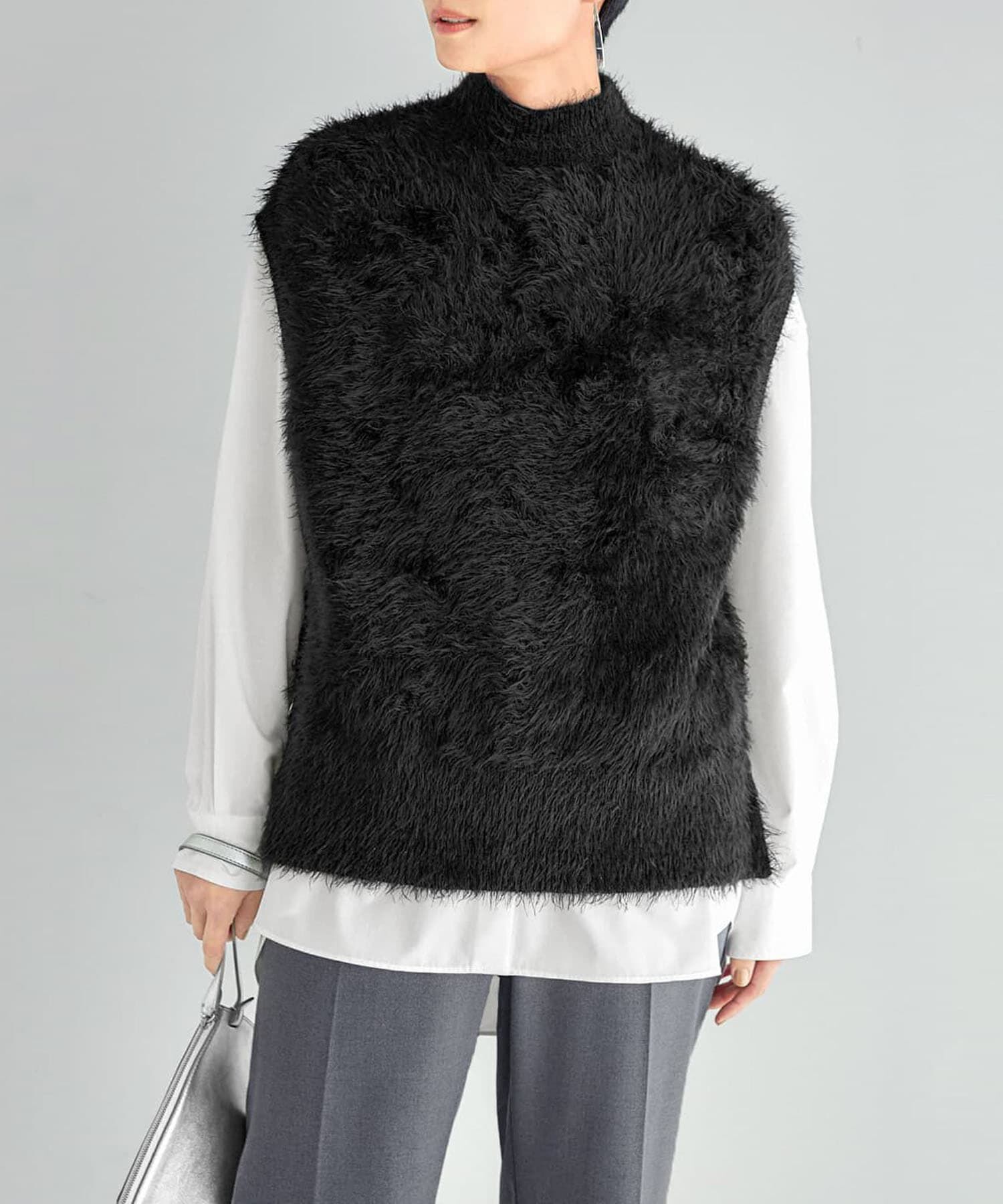 STYLE DELI「ふわふわシャギーハイネックベスト」|ニット・セーター|ブラック