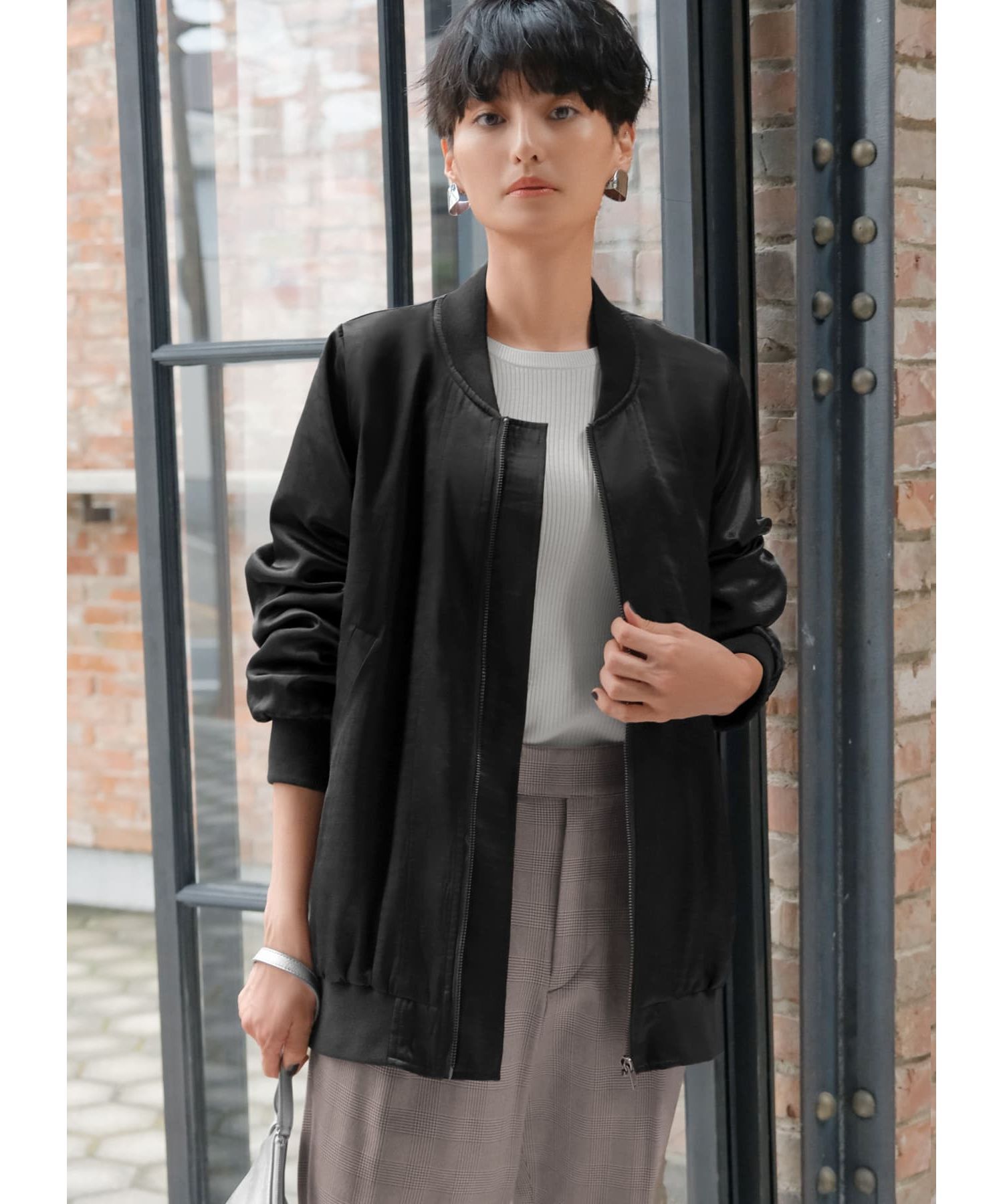 STYLE DELI「シボ感サテン微配色ブルゾン」|ブルゾン・スタジャン|ブラック
