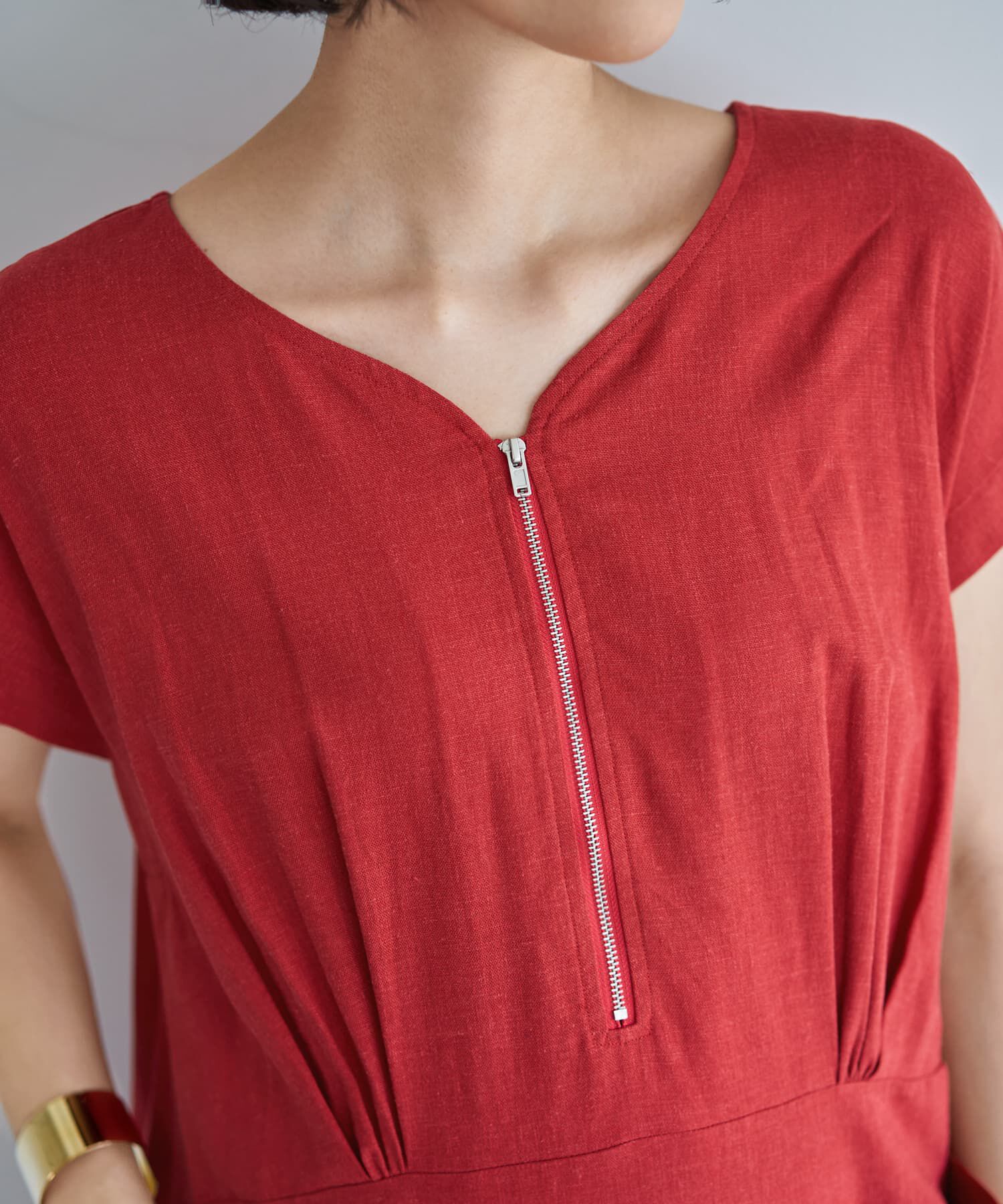 STYLE DELI「【LUXE】ファスナーVネック麻混ワンピース」|ワンピース|