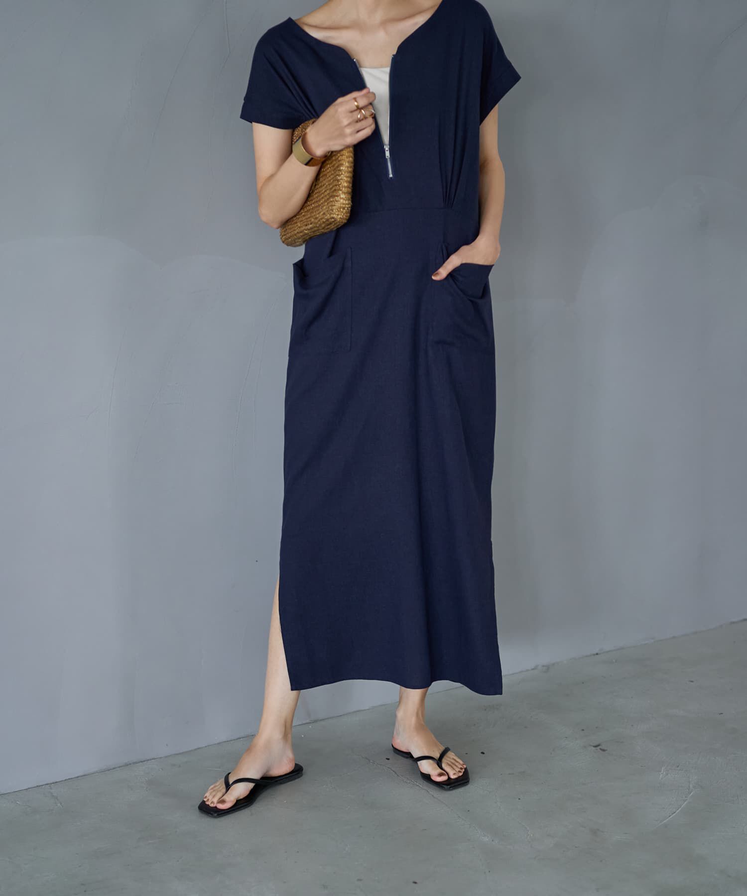 STYLE DELI「【LUXE】ファスナーVネック麻混ワンピース」|ワンピース|