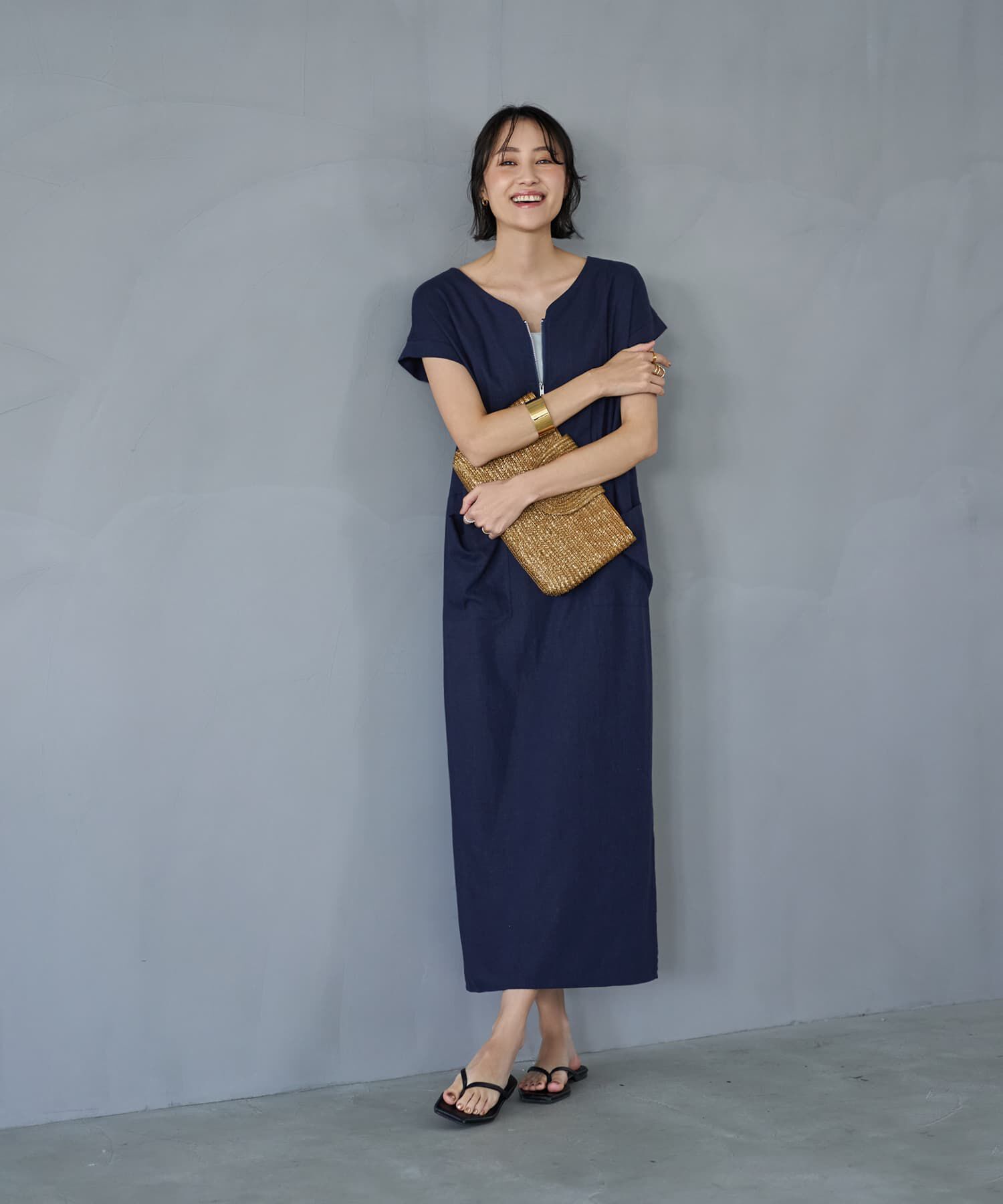 STYLE DELI「【LUXE】ファスナーVネック麻混ワンピース」|ワンピース|