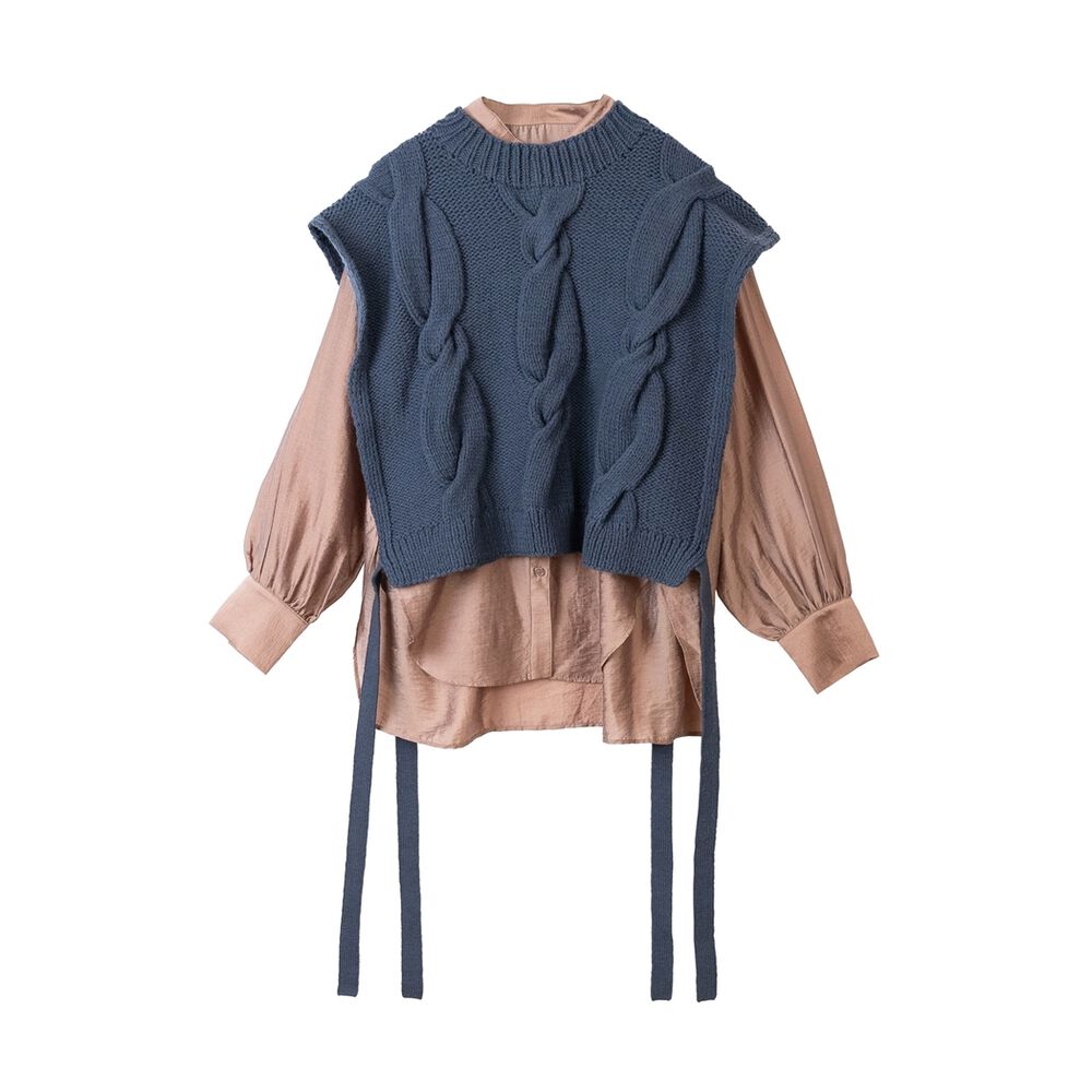 BACKYARD FAMILY「MIND 手編みニットベストセット 通販 ブラウス ニットベスト セット 長袖 シャツ」|シャツ・ブラウス|ブルー1